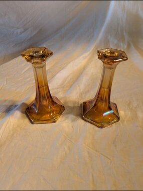 2/100$ Iridescent Amber Glass Candlestick Holders - Pair
